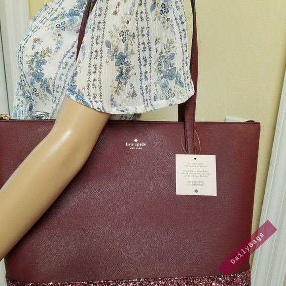 KATE SPADE PENNY GLITTER GRETA TOTE CHERRYWOOD - Picture 4 of 10